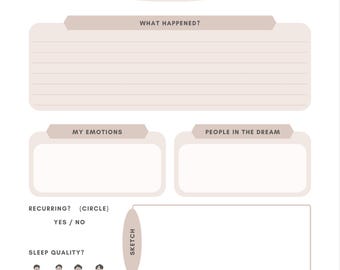 May include: A printable dream journal template with sections for recording the date, what happened in the dream, emotions, people in the dream, recurring dreams, sleep quality, a sketch, and interpretation/final thoughts.