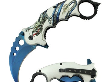 Customs KARAMBIT Knife W/ Stainless Blade and Dragon Artwork Handle