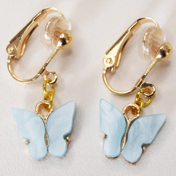 Butterfly clip on earrings, clip earrings, clip with butterfly pendant
