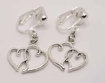 Double heart clip earrings, silver hearts on clip on earrings, clip on earrings