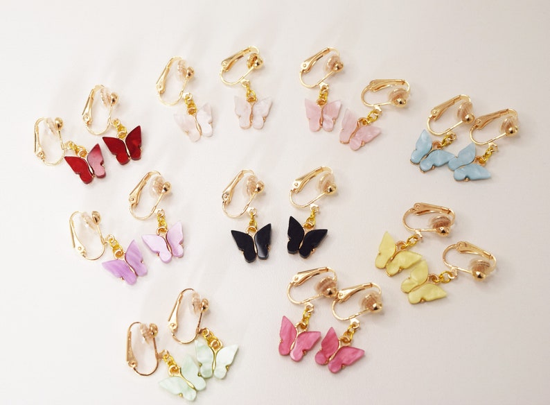 Butterfly clip on earrings, clip earrings, clip with butterfly pendant image 4
