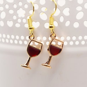 Boucles d&#39;oreilles à vin, boucles d&#39;oreilles avec pendentifs en verre de vin rouge, boucles d&#39;oreilles à vin rouge