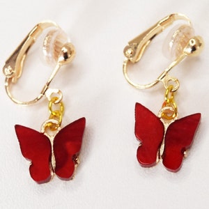 Butterfly clip on earrings, clip earrings, clip with butterfly pendant Rot