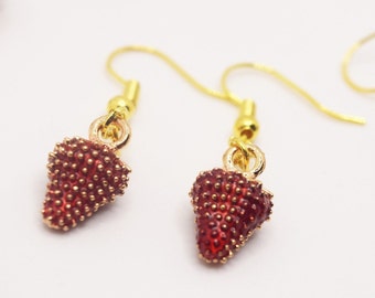 Strawberry earrings, hook earrings with red strawberry pendant