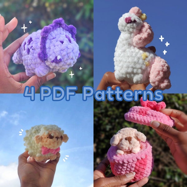 PDF Patterns: Tiny Stegosaurus, Unicorn, Sheep, and Puppy Present Crochet Patterns