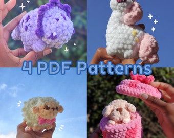 PDF Patterns: Tiny Stegosaurus, Unicorn, Sheep, and Puppy Present Crochet Patterns