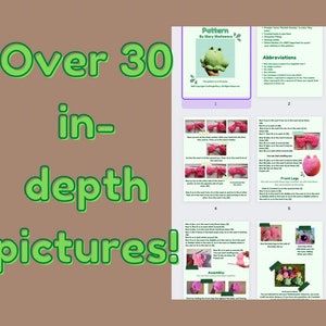 May include: A crochet pattern for making a frog plushie. The pattern includes over 30 in-depth pictures and instructions. The pattern is by Glary Shawcross.