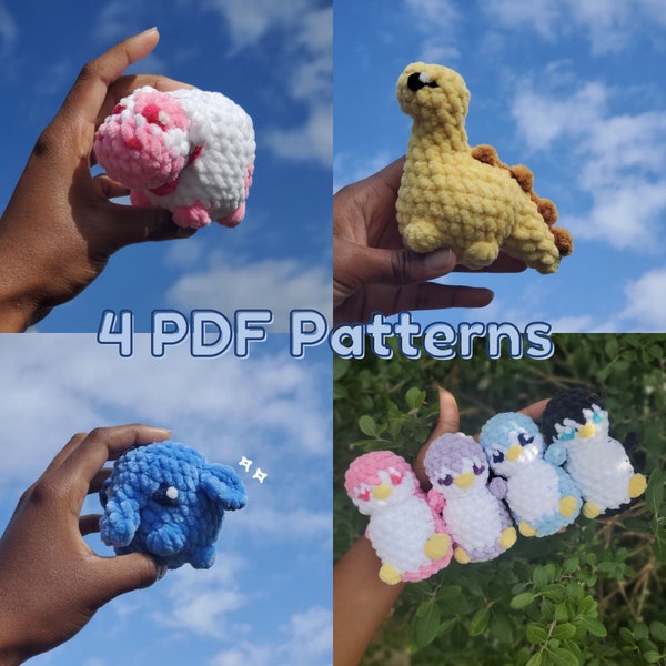 PDF Patterns: Tiny Dino, Elephant, Strawberry Cow, and Penguin Crochet Patterns