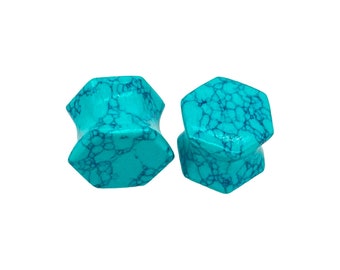 BodyJewels007's Paire de piercing d'oreille hexagonal double évasé fait main en cristal bleu turquoise Naga, bijoux de corps, jauges et bouchons