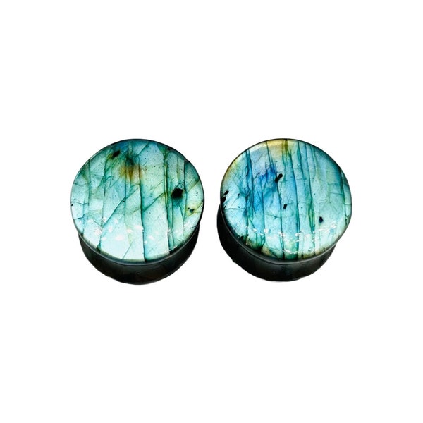 Body Jewelry Naga Ear Plugs Gauges, 8g (3mm) to 2-1/8” (54mm), Pair of Sky Blue Flash Labradorite Crystal, Handmade, (Set of 2)