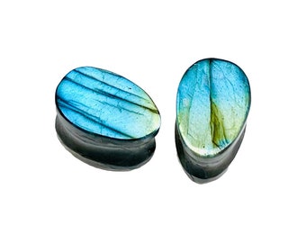 Sky Blue Labradorite, Double Flared Teardrop Ear Plugs, Size 8g (3mm) - 1" (25mm), Pair, Custom Sizes Available