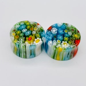Pair of Millefiori Murano Flower Glass Stone Ear Plugs Smooth Polished Handwork, Size - 3 to 30 mm and Custom Available (Price per Pair)