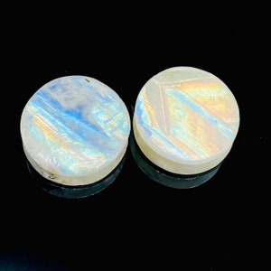 Pair of Natural White Rainbow Moonstone Gemstone Handmade Double Flared Ear Gauges Plugs Naga Body Piercing Jewelry Size 8g (3mm) to 20mm