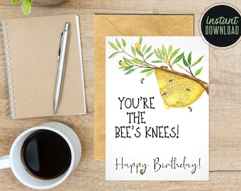 Tarjeta de cumpleaños imprimible, rodillas de abeja, tarjeta de cumpleaños de abeja de miel de acuarela, DOS TAMAÑOS DE IMPRESIÓN, tarjeta divertida del día de cumpleaños, linda tarjeta de cumpleaños en blanco
