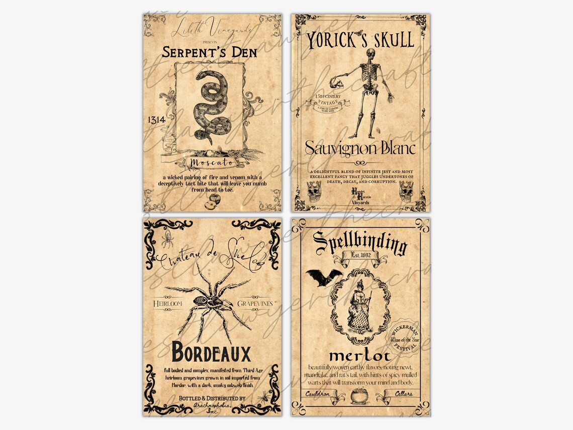 DIY Vintage Halloween White & Red Wine Bottle Labels Antique Halloween ...