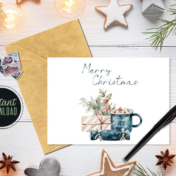 Watercolor Printable Christmas Card, INSTANT DOWNLOAD, Printable Vintage Christmas Presents, Holiday Card, Hot Cocoa 5x7 Christmas Card