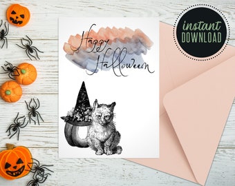 Printable Halloween Card, Halloween Cat and Pumpkin Greeting Card, Printable Grumpy Cat Halloween Digital Note Card, Blank Black Cat A7 Card