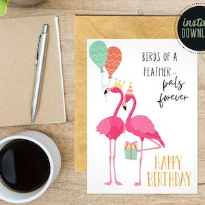Afdrukbare verjaardagskaart, Birds of a Feather Pals Forever Funny Greeting Card, Cute Flamingo Wenskaart, Bestie Pink Digitale Verjaardagskaart