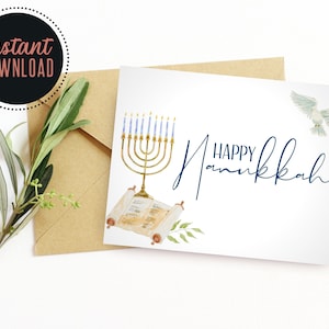 Biglietto d'auguri stampabile per Hanukkah, DOWNLOAD DIGITALE IMMEDIATO, Biglietto d'auguri Happy Hanukkah in acquerello A2, Biglietto A2 Gold Menorah Colomba Torah