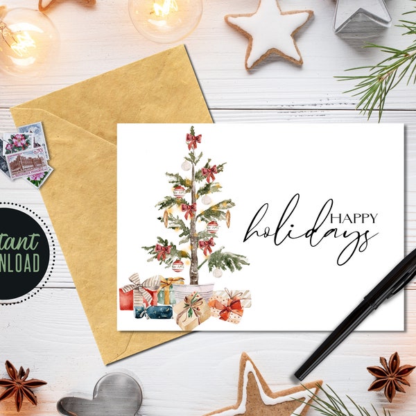 Watercolor Printable Christmas Card, INSTANT DOWNLOAD, Printable Vintage Christmas Tree Card, Horizontal Folded Happy Holidays A7 Card
