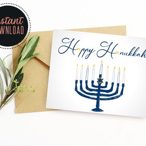 Carte de voeux Hanukkah imprimable, TÉLÉCHARGEMENT NUMÉRIQUE INSTANTANÉ, Carte de voeux A2 Happy Hanukkah avec Menorah et bougies, Carte Hanukkah imprimable