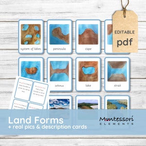 LAND FORMS - Montessori Land- und Wasserformen, Montessori Geographie, Insel, See, Montessori printable, Editable pdf, Montessori Science