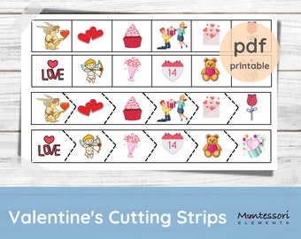 VALENTINE'S Cutting Strips, Montessori Cutting Activity, Scissors Activity, Practical Life Exercises, Toddlers, Tracing, Montessori Prints