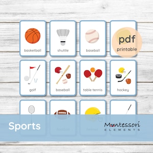 Cartões ESPORTIVOS Montessori, cartões de três partes, cartões de nomenclatura, impressões Montessori, cartões flash, educação em casa, nomes de esportes, primeiros anos