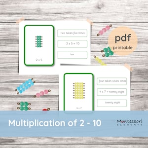 MOLTIPLICAZIONE - Carte di matematica Montessori, Carte in tre parti, Stampe Montessori, Tabellone di moltiplicazione, Perline dorate Montessori, Perline colorate