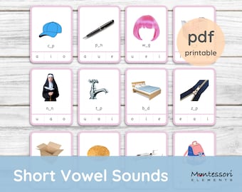 MONTESSORI PHONICS - Short Vowel Sounds, aeiou, Phonics games, Montessori flash cards, Pink Scheme, Montessori language materials