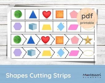 SHAPES Cutting Strips, Shapes theme, Montessori Cutting Activity, Scissors Activity, Practical Life Exercises, Homeschool, Toddlers, Tracing