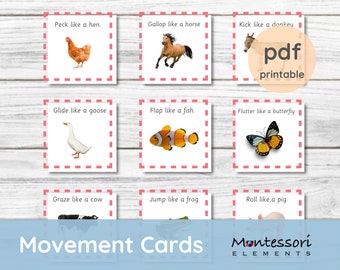 ANIMALS MOVEMENT CARDS - Montessori Cards - Montessori Prints - Montessori Zoology - Homeschool - Animal Action Game - Science - Brain Gym