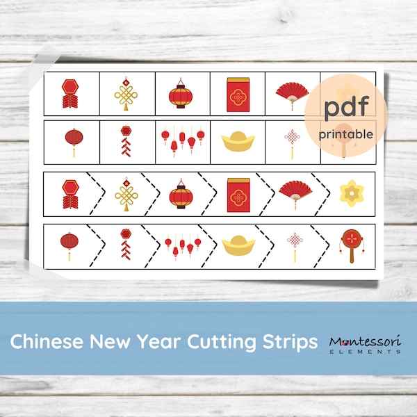 CHINESE New Year Cutting Strips, CNY theme, Montessori Cutting Activity, Scissors Activity, Montessori Prints, Tracing, Lunar Year