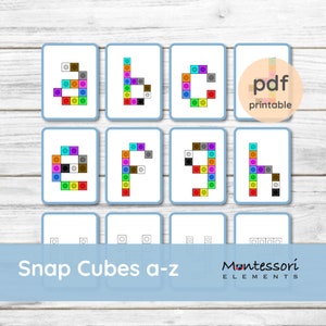 Peut inclure: Cartes de lettres de l'alphabet imprimables avec des motifs de cubes d'assemblage colorés. Chaque carte montre une lettre de l'alphabet formée par des cubes de différentes couleurs. Les cartes sont étiquetées "Snap Cubes a-z" et "Montessori Elements" avec une étiquette "pdf printable".