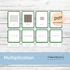 MULTIPLICATION - Montessori Maths, Multiplication cards, Golden Beads, Colored short beads, Kindergarten Maths, Montessori Printables