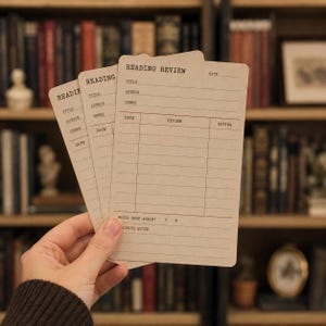 Peut inclure: Un paquet de trois fiches de lecture en papier brun clair avec du texte imprimé en noir. Chaque fiche comporte des champs pour le titre, l'auteur, le genre, la date, la critique, la note, une section citation préférée et une question de relecture.