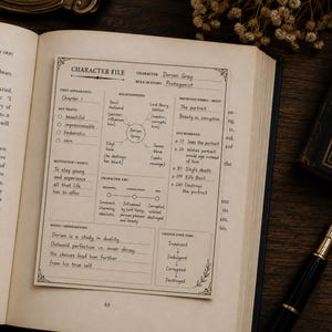 Peut inclure: Une fiche de personnage rectangulaire en papier avec du texte et des lignes imprimés en noir. Le formulaire comprend des sections pour le nom, le rôle, les relations, les traits, les motivations et un arc narratif, rempli de notes manuscrites sur Dorian Gray.