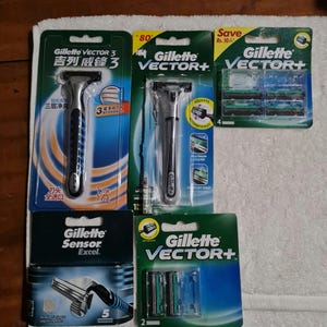 Gillette Sensor Excel Vector Plus/Vector3 Razor Two Blades Six and Eight Cartridges Sealed Packs Lubra Strip and Skin Guard.