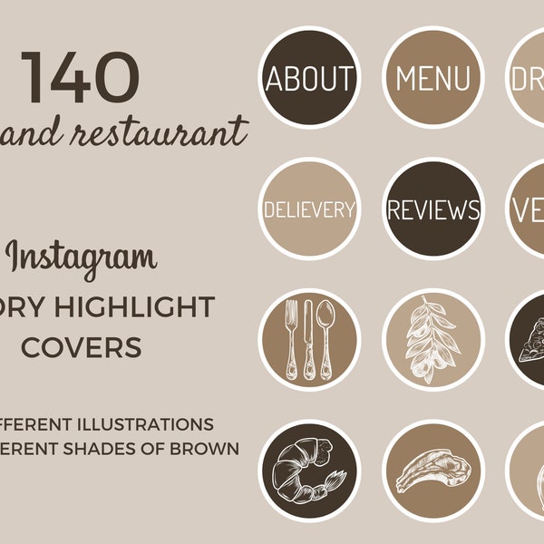 Instagram highlight story cover, food and restaurant instagram icons, brown icons IG pack