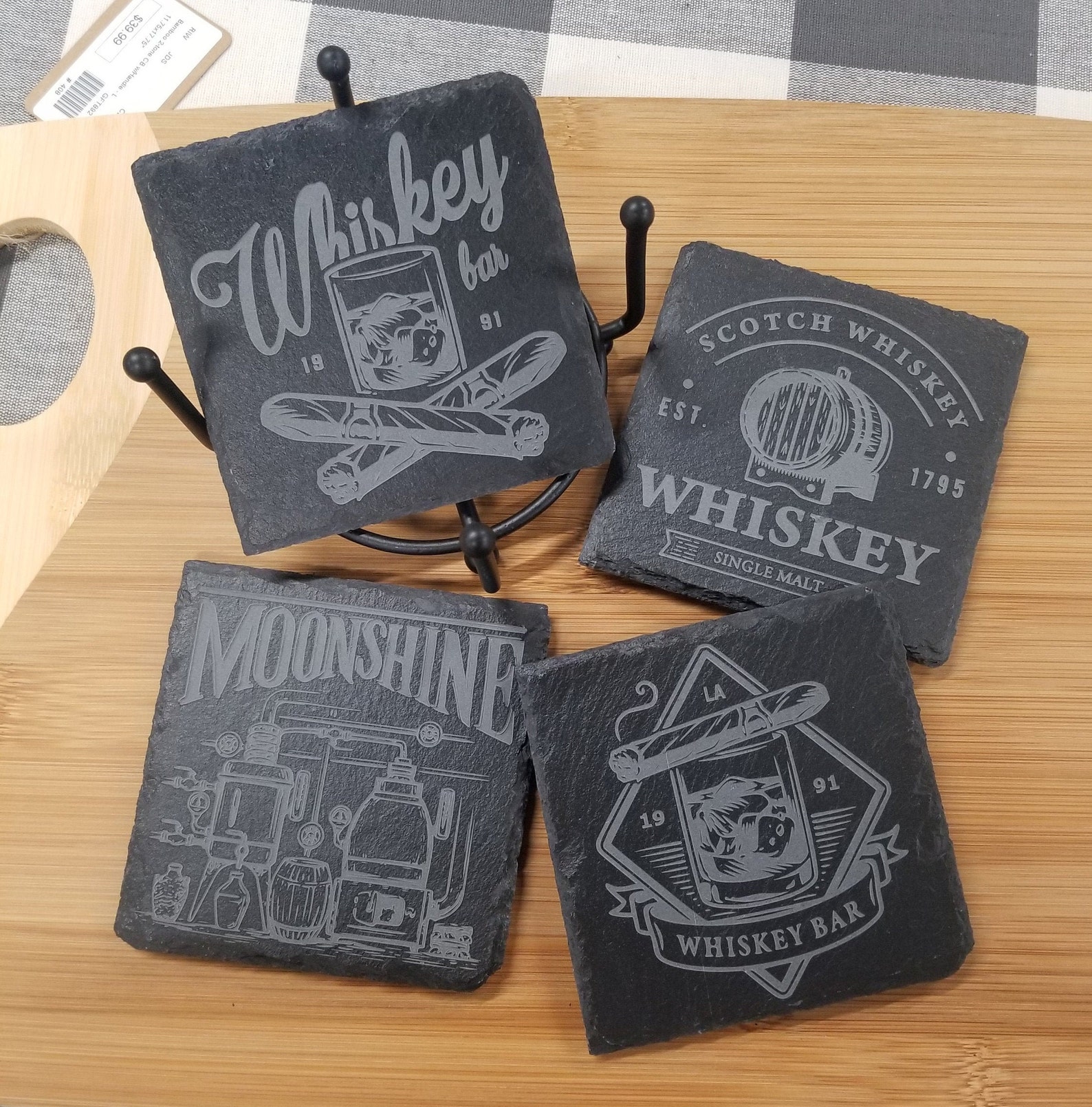 Custom Engraved Slate Coasters Set of 4 With Black Metal Stand WHISKEY