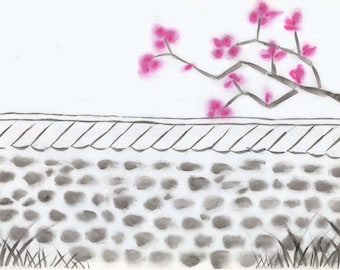 traditional Korean stone wall with plum flower branch tile on the wall digital art print