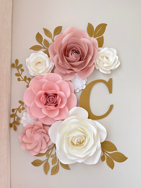 Large Paper Flower Set Floral Nursery Backdrop Decoration in Peach Coral  White Pink Blush With Green Leaves 