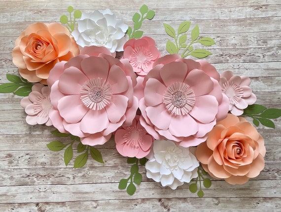 Large Paper Flower Set Floral Nursery Backdrop Decoration in Peach Coral  White Pink Blush With Green Leaves 
