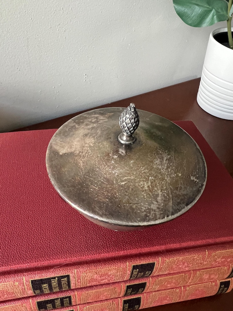 May include: A silver bowl with a lid and a pineapple finial. The bowl has a tarnished finish and is sitting on a stack of red books.
