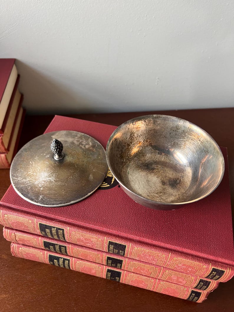May include: A silver-plated bowl with a lid. The bowl has a slightly hammered finish and the lid has a small knob on top. The bowl and lid are sitting on a stack of red books.