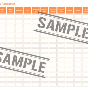May include: A blank antique collection spreadsheet with orange borders and the word "SAMPLE" stamped across it twice in gray.