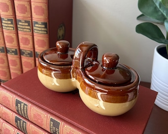 Vintage Stoneware Condiment Dish with Dual Lids | Brown & Tan | Two-Compartment Dip or Sugar Server