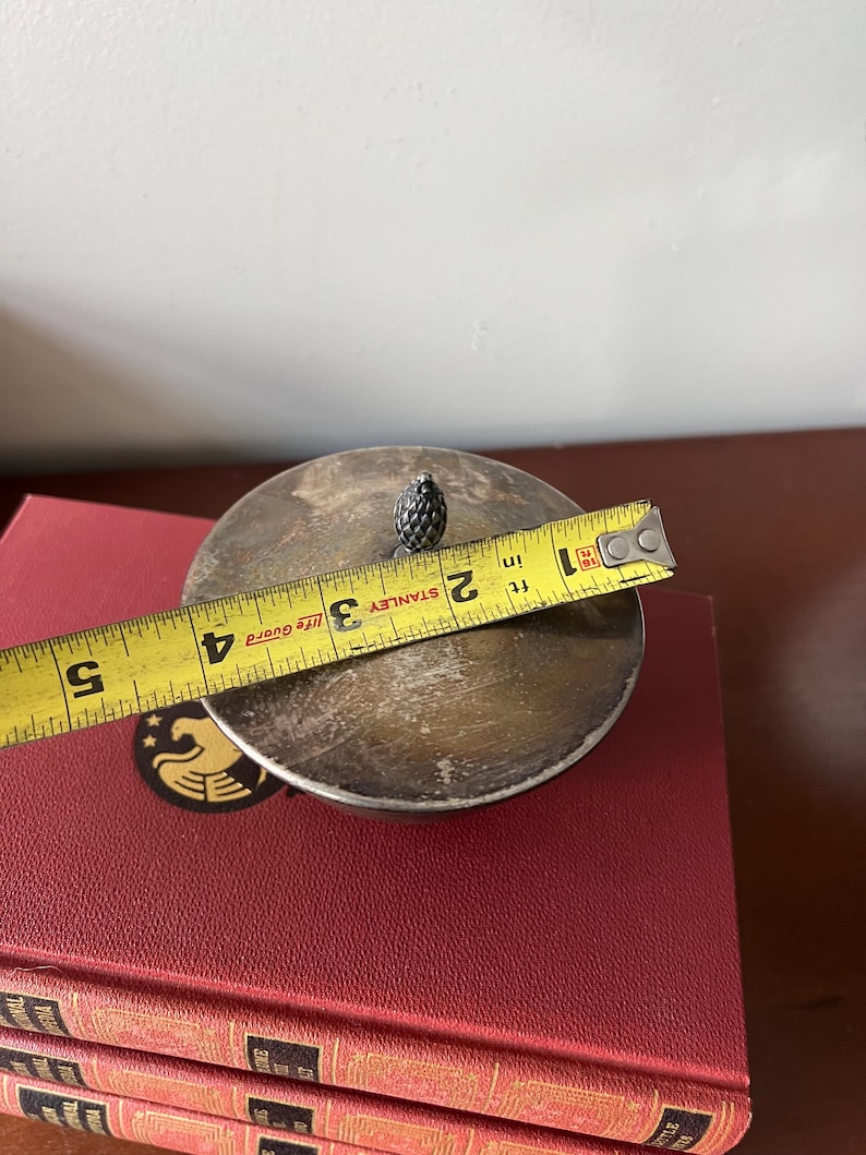 May include: Silver lid with a small, textured, cone-shaped knob on top. The lid is 5 cm in diameter. The lid is sitting on top of a stack of red books.