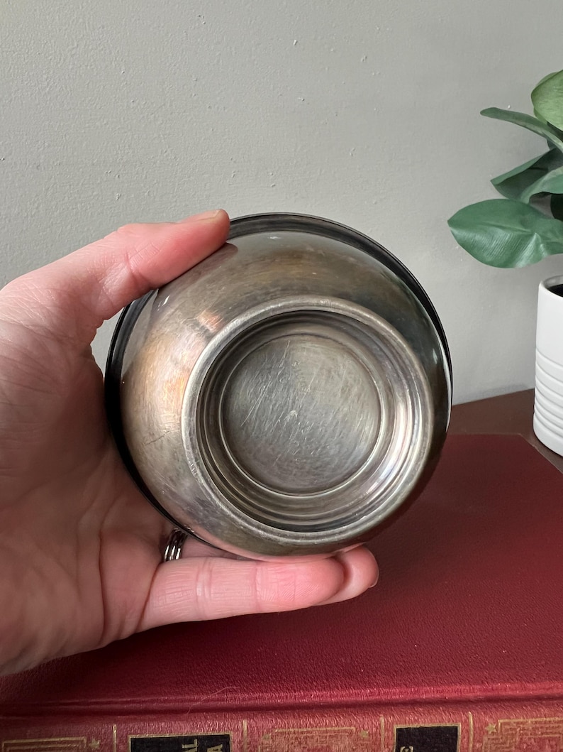 May include: A silver bowl with a smooth, shiny surface. The bowl is round and has a slightly raised rim.