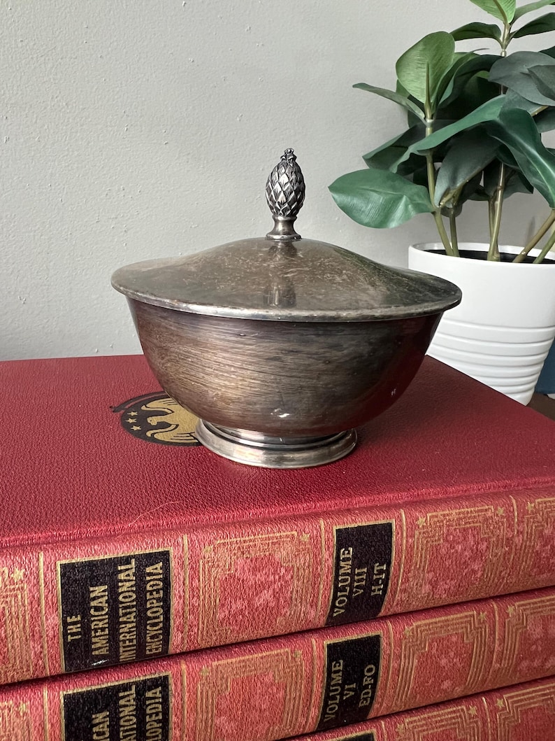May include: A silver bowl with a lid and a pineapple finial. The bowl is sitting on top of a stack of red books with gold lettering.